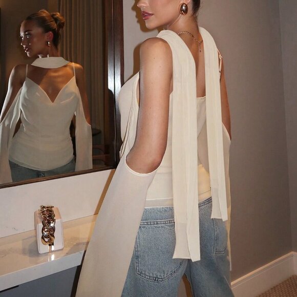 Beige Elegant Women's Chiffon Cami Blouse - Picture 2 of 8